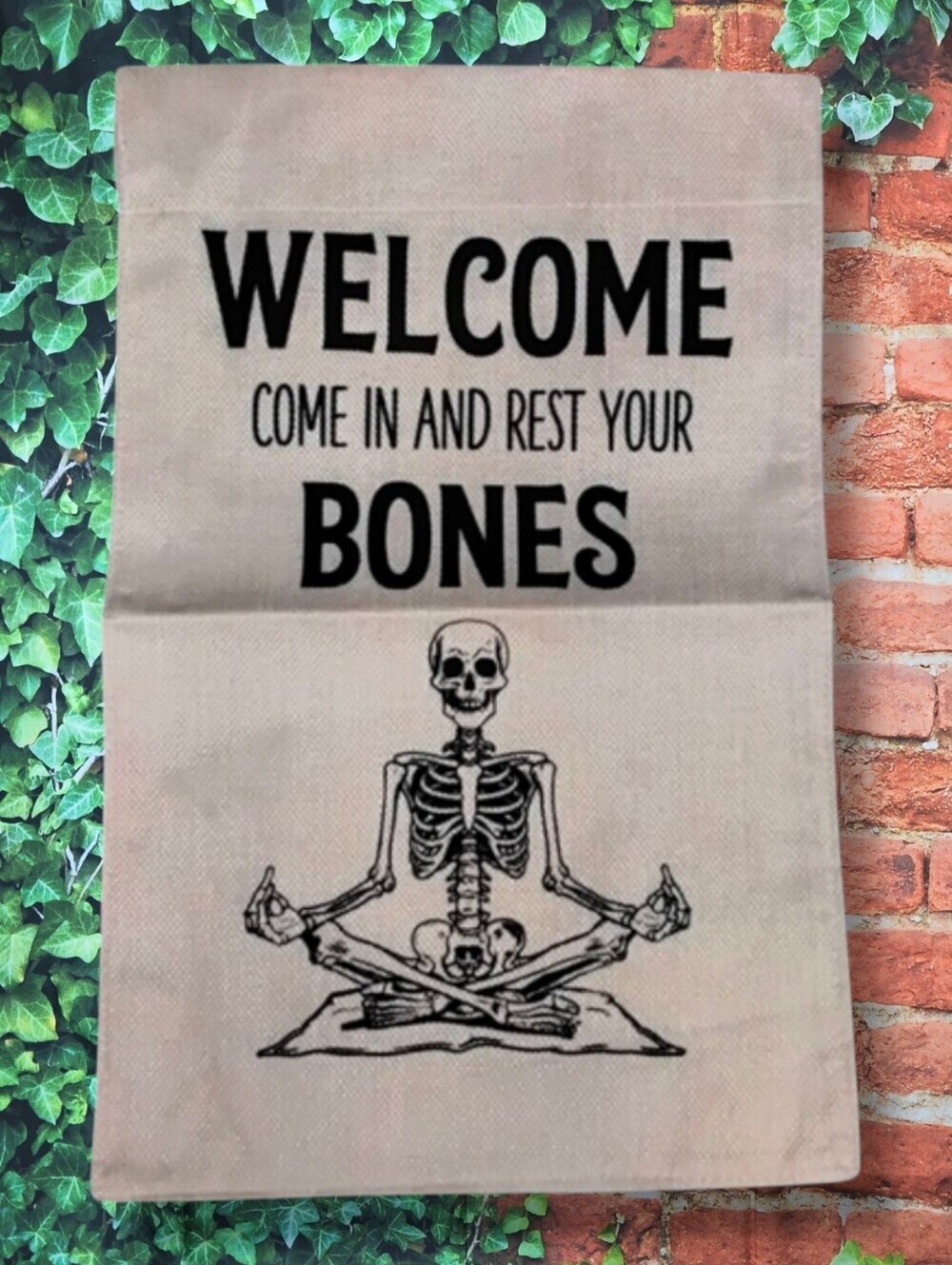 All Season Skeleton Meditation Welcome Flag - Black and White